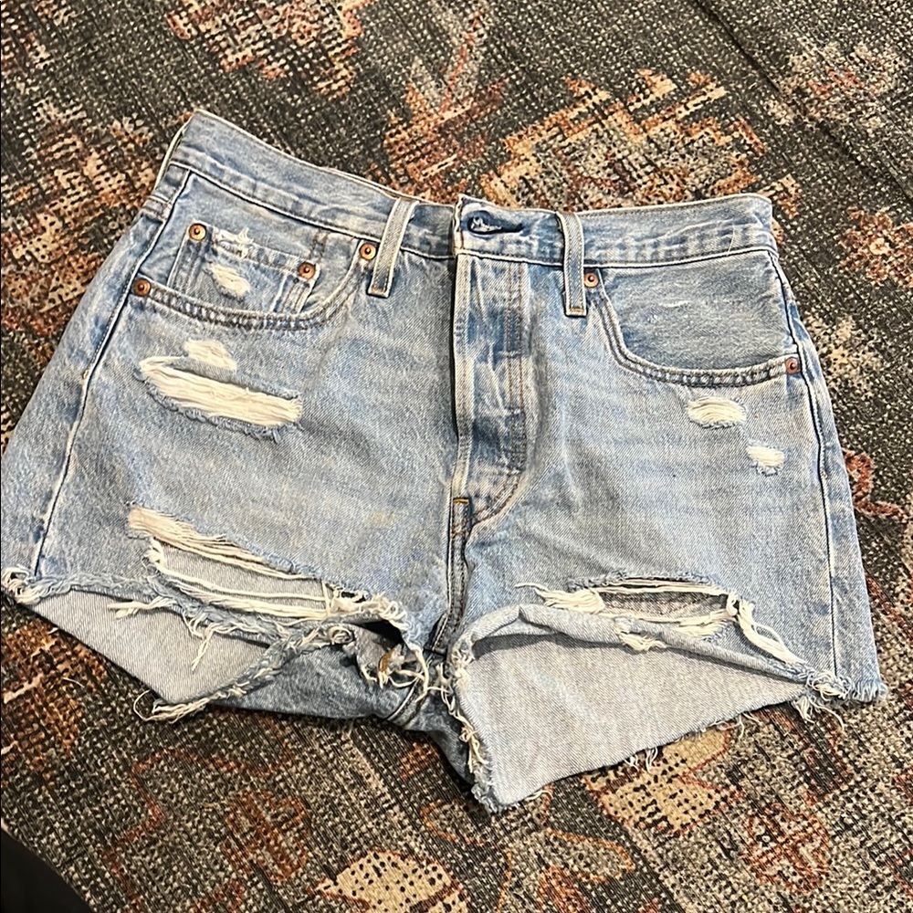 Levi's Blue High-Waisted Jean Shorts with Distressed Details
